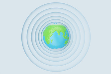 Abstract white paper cut circle shape background with Earth. White paper carving effect with Earth in centre. Earth in center of circles, 3D rendering