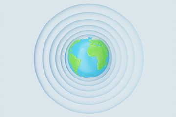 Abstract white paper cut circle shape background with Earth. White paper carving effect with Earth in centre. Earth in center of circles. 3D rendering