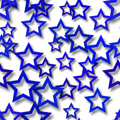 Abstract seamless pattern of randomly arranged blue stars with soft shadows on white background