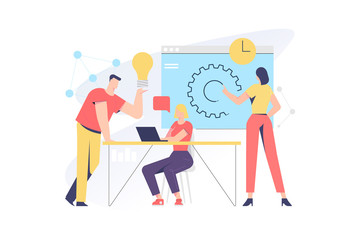 Teamwork related, vector illustration concept for application and website development. The illustration contains business people, employees, clients, men and woman characters.