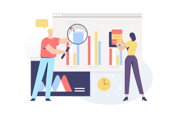 Statistics and research related, vector illustration concept for application and website development. The illustration contains business people, employees, clients, men and woman characters.