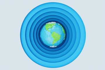 Abstract paper cut background with Earth concept. Paper carving effect with Earth in centre. Low poly, polygonal Earth. Creative origami globe, 3D rendering
