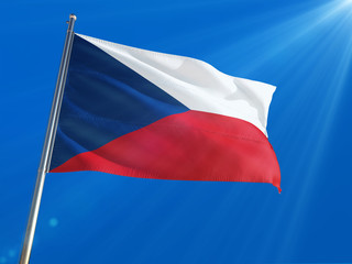 Fototapeta na wymiar Czech Republic National Flag Waving on pole against deep blue sky background. High Definition