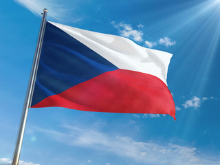 Czech Republic National Flag Waving on pole against sunny blue sky background. High Definition