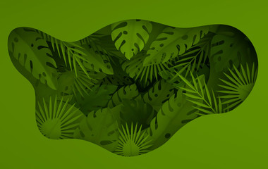 Tropical paper palm leaves frame. Summer tropical green leaf and paper hole layers. Origami exotic hawaiian jungle foliage, summertime background. Paper cut. Minimal style. 3d render