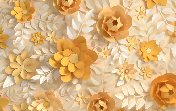 Paper elegant pastel colored flowers. Valentine's day, Easter, Mother's day, wedding card, blooming wall background. 3d render digital spring or summer flowers illustration in paper art style. © Meranna