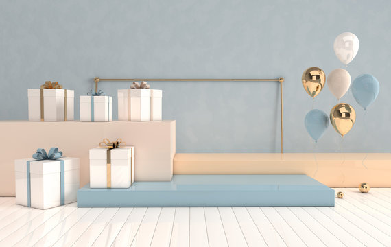 3d rendered interior with geometric shapes, podium on the floor and gift box, shopping bag, glossy balloons. Set of platforms for product presentation, mock up background.