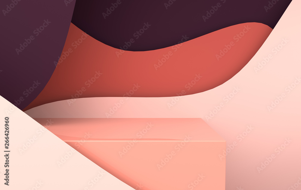 Fototapete 3d rendered scene with paper waves and podium. platform for product presentation, mock up background