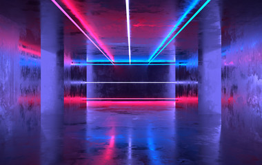 Futuristic sci-fi concrete room with glowing neon. Virtual reality portal, computer video games, vibrant colors, laser energy source. Blue and pink neon lights