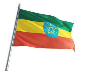 Ethiopia National Flag waving in the wind, isolated white background. High Definition