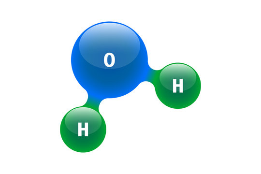 Chemistry model of molecule water H2O scientific elements. Integrated particles hydrogen and oxygen natural inorganic compound. 3d molecular structure vector illustration isolated