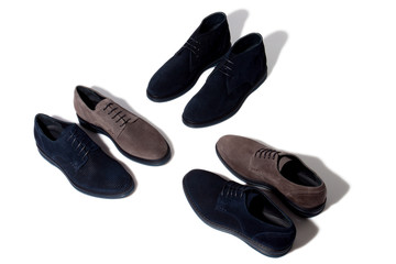 Layout of three pairs suede derby shoes