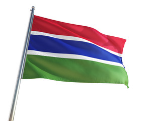 Obraz premium Gambia National Flag waving in the wind, isolated white background. High Definition