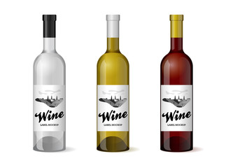 Wine bottle with hand-drawn label retro vintage design template set. Alcohol industry vineyard wine grapes hills farm emblem. Monochrome romantic rural landscape, black on white. Vector illustration