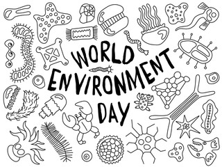 World environment day doodle. Various microorganisms background pattern. Backdrop with infectious germs, protists, microbes, disease causing bacteria, virus. Biodiversity plankton illustration
