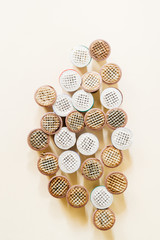 Empty Coffee capsules on clean  background, top view.