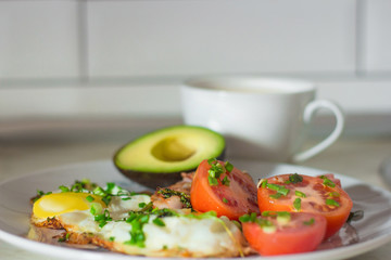 Eggs, tomato and avocado full fitness breakfast