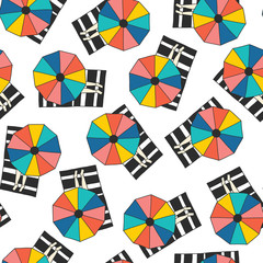 Aerial view sunbathing people on towels under umbrella. Seamless vector illustration background