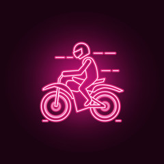 Fototapeta na wymiar Motorcyclist neon icon. Elements of bigfoot car set. Simple icon for websites, web design, mobile app, info graphics