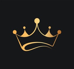 Queens or kings crown vector logo. Golden corona logotype on dark background - obrazy, fototapety, plakaty