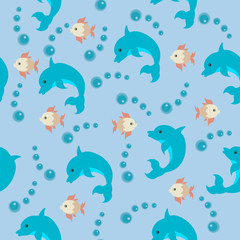 marine seamless pattern with dolphin and fish