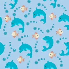 Outdoor kussens marine seamless pattern with dolphin and fish © Sheviakova