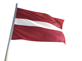 Fototapeta na wymiar Latvia National Flag waving in the wind, isolated white background. High Definition