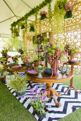 Wedding Setup. Cake tables with sweet, decoration and flowers 