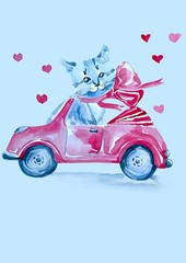 Watercolor blue cat car hand draw clip-art isolate white background pink cute hearts illustration