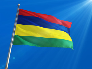 Mauritius National Flag Waving on pole against deep blue sky background. High Definition