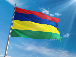 Mauritius National Flag Waving on pole against sunny blue sky background. High Definition