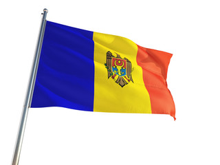 Moldova National Flag waving in the wind, isolated white background. High Definition
