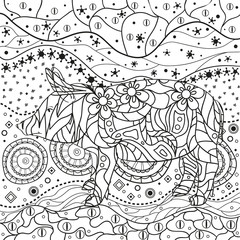 Monochrome wallpaper with ornate pig. Hand drawn waved ornaments on white. Abstract patterns on isolated background. Design for spiritual relaxation for adults. Line art. Black and white illustration