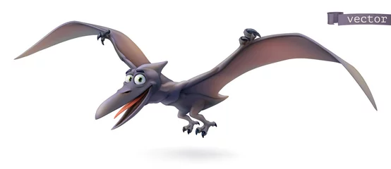 Fototapete Jungenzimmer Pterodaktylus. Flugsaurier, fliegende Dinosaurier-Cartoon-Figur. Lustiges Tier 3D-Vektor-Symbol
