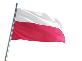 Obraz na płótnie Canvas Poland National Flag waving in the wind, isolated white background. High Definition