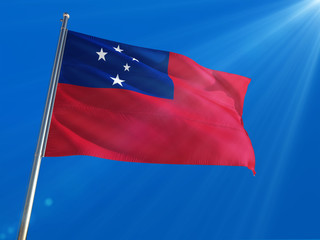 Samoa National Flag Waving on pole against deep blue sky background. High Definition