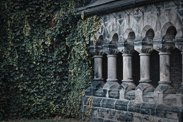 Toronto, Canada - 20 10 2018: Green branches and leaves of ivy covering the wall step by step conquer ancient stone colonnade of the historic Hart House building in the University of Toronto