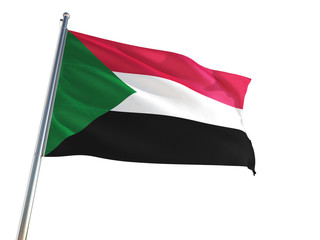 Fototapeta na wymiar Sudan National Flag waving in the wind, isolated white background. High Definition
