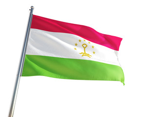 Tajikistan National Flag waving in the wind, isolated white background. High Definition