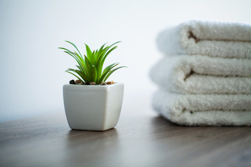 Spa. White Cotton Towels Use In Spa Bathroom. Towel Concept. Photo For Hotels and Massage Parlors. Purity and Softness. Towel Textile