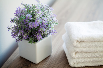 Spa. White Cotton Towels Use In Spa Bathroom. Towel Concept. Photo For Hotels and Massage Parlors. Purity and Softness. Towel Textile