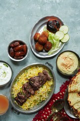 Ramadan food or feast /Iftar party dinner  buffet, overhead view