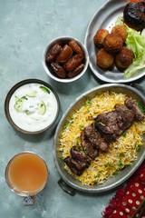 Ramadan food or feast /Iftar party dinner  buffet, overhead view