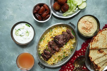 Ramadan food or feast /Iftar party dinner  buffet, overhead view