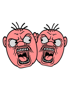 streiten anb&uuml;llen 2 feinde freunde team paar mann b&ouml;se schreien br&uuml;llen w&uuml;tend sauer ver&auml;rgert laut aufgeregt comic cartoon lustig clipart kopf gesicht design