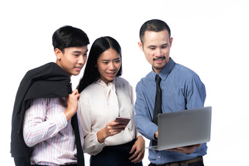 business team using laptop, isolated on white background