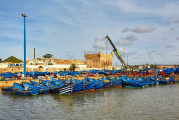 Blue fishing boats in the port of Essaouira