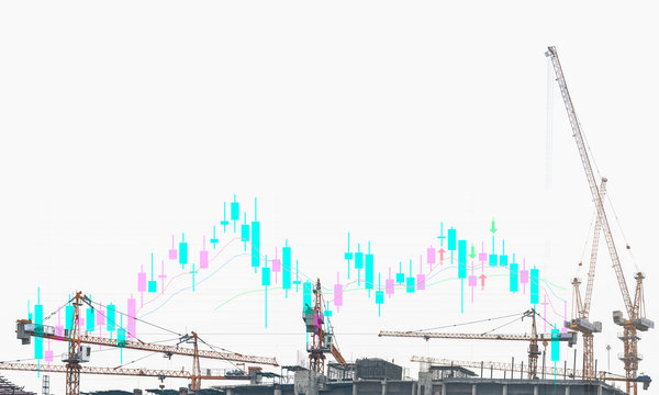 Abstract Business Background Of Construction Site With Tower Cranes And Overlay With Project Schedule Chart And Gantt Chart