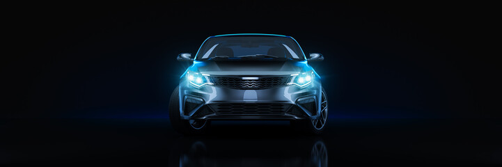 Sports car, studio setup, on a dark background. 3d rendering