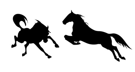 vector isolated black silhouettes of two galloping horses on white background